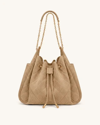 Rowan Faux Suede Quilting Ruched Drawstring Chain Bucket Bag - Coconut Brown | JW PEI US
