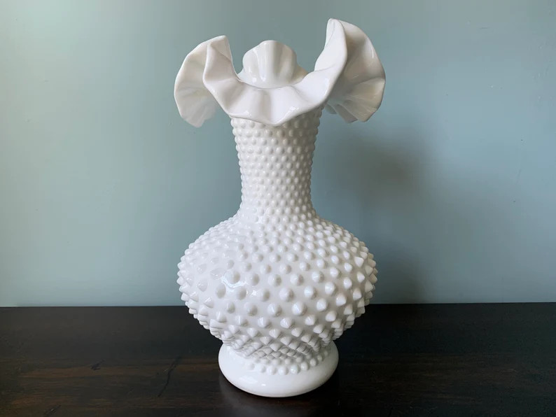 Fenton White Milk Glass Hobnail Vase Ruffled Rim Large - Etsy | Etsy (US)