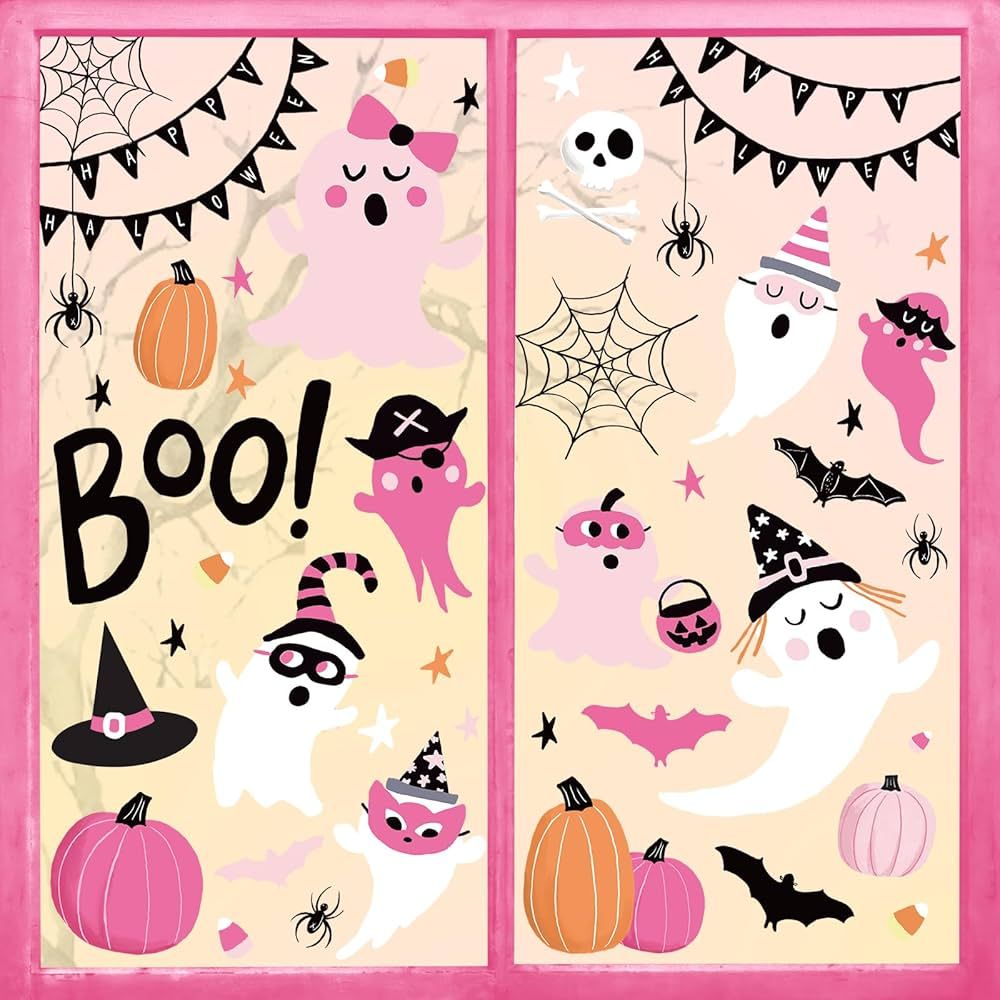 AnyDesign 6 Sheet Halloween Window Clings BOO Ghost Pumpkin Bat Window Decals Pink Double-Sided W... | Amazon (US)