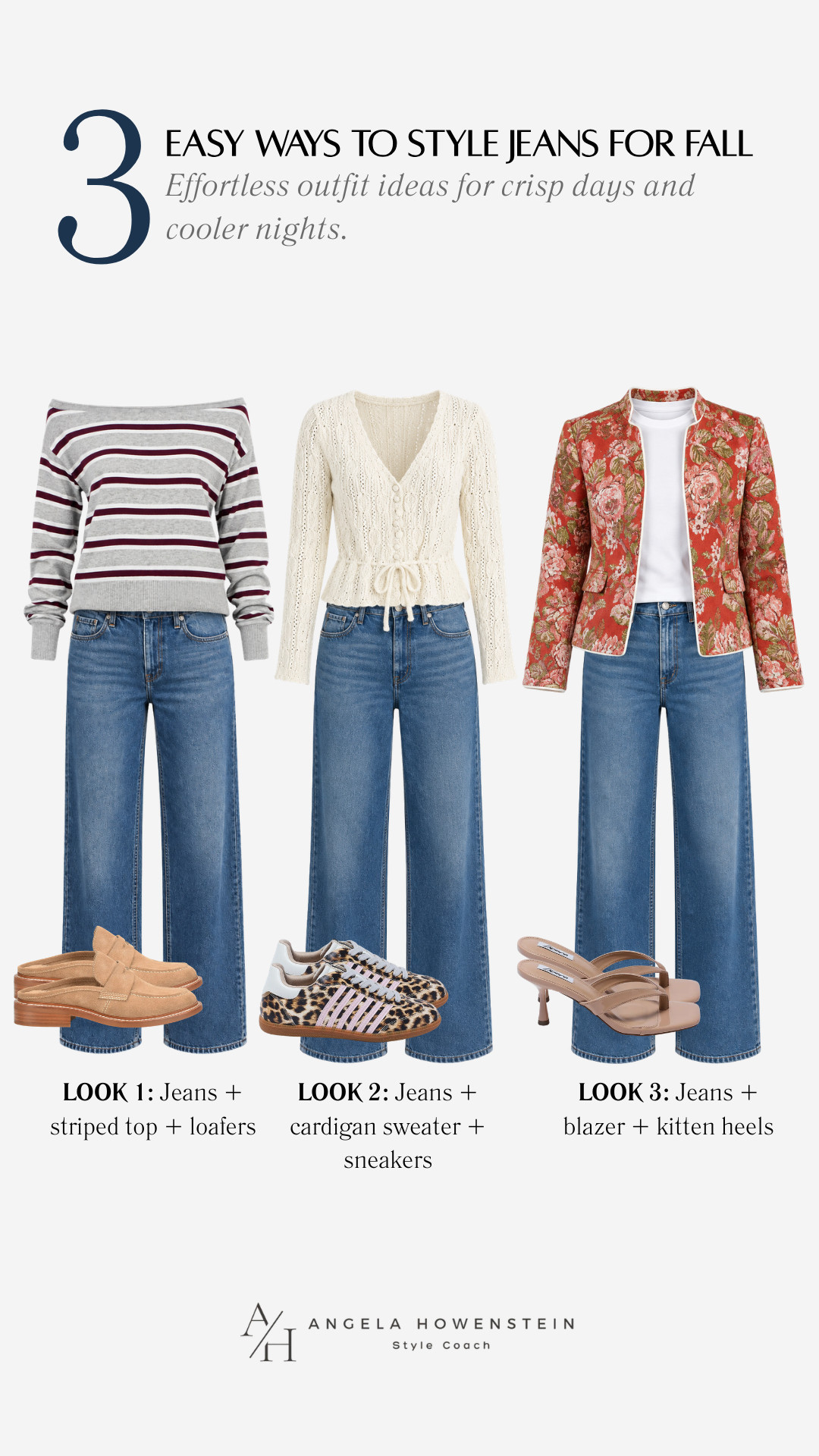 One pair of jeans, three easy fall looks! Try stripes + loafers for classic casual, a cozy cardigan + sneakers for the weekend, or a floral blazer + kitten heels when you want to dress them up.

👩‍💻 LTK PRO TIPS
❤️ Heart = Support my posts ;-)
🔖 Save = Get sale & restock alerts for the things you love!
📋 Lists = Keep favorites organized (List ideas: Christmas, Birthdays, and Vacations!)
📲 Share = Send lists and products to a friend (or your daughters like me).
💬 Comment = Ask me anything, and I’ll answer. ;-) 

 #LTKootd #LTKSeasonal #LTKOver40