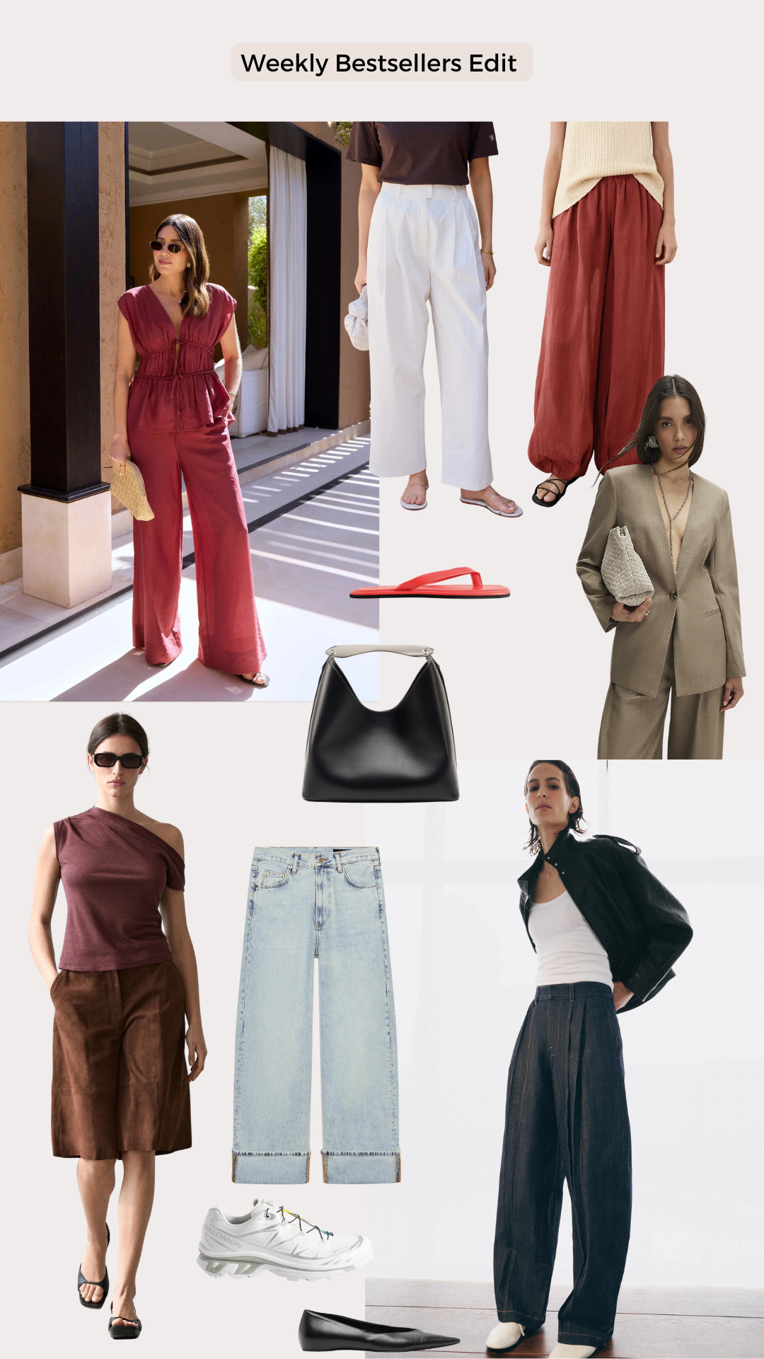 The Weekly Bestsellers Edit

burgundy set, wine tones, neutral outfits, wide-leg trousers, white pants, flowy pants, tailored blazer, matching set, woven clutch, black shoulder bag, one-shoulder top, brown bermuda shorts, light wash jeans, dark denim, white tank, black leather jacket, flip flops, ballet flats, sneakers, chic basics, effortless style, elevated casual, summer dressing, capsule wardrobe, weekly bestsellers 

 #LTKuk #LTKspring #LTKeurope