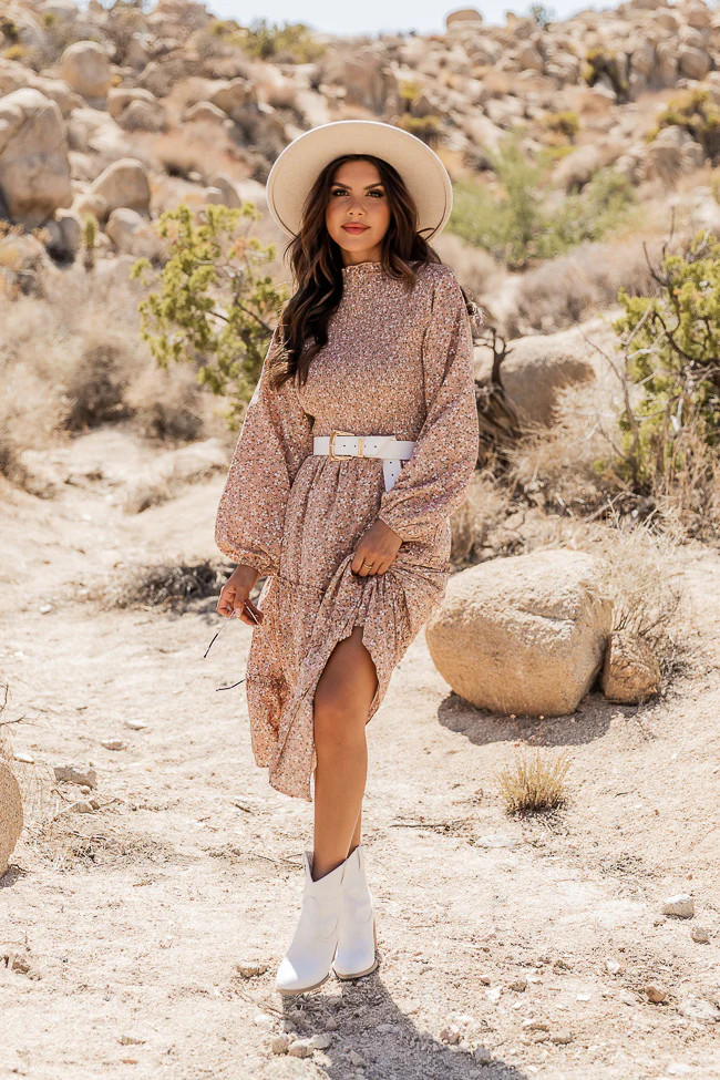 This Is Your Chance Beige Floral Smocked Mock Neck Midi Dress | Pink Lily