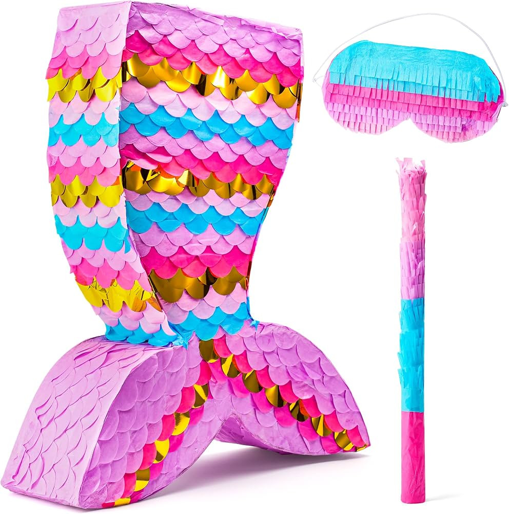 Mermaid Tail Pinata with Plastic Bat and Paper Blindfold for Fun Fiesta Taco Party Supplies, Phot... | Amazon (US)