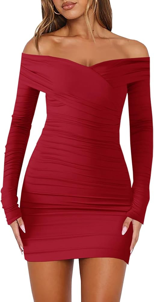 Women's Sexy Off The Shoulder Long Sleeve Bodycon Ruched Cocktail Party Mini Dresses | Amazon (US)