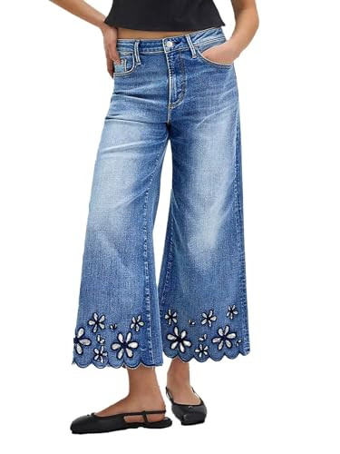 Flamingals Women's Floral Embroidery Wide Leg Jeans Mid Rise Strechy Casual Trendy Denim Cropped ... | Amazon (US)