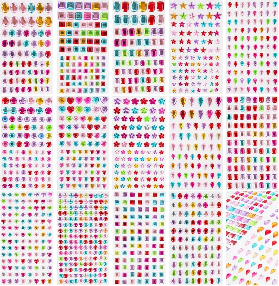 1200+pcs 6~15mm Self-Adhesive Gem Stickers Various Shapes and Colors | Amazon (US)