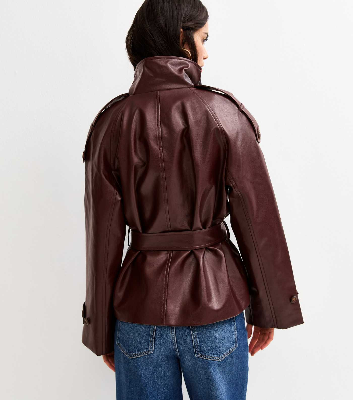 Dark Burgundy Faux Leather Belted Funnel Neck Jacket | New Look | New Look (UK)
