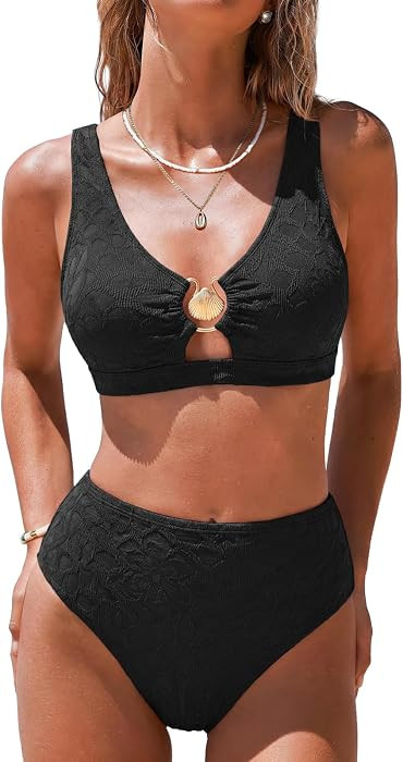 Hanna Nikole Women High Waisted Bikini Sets, 2 Piece Swimsuits Tummy Control, Textured Bathing Su... | Amazon (US)