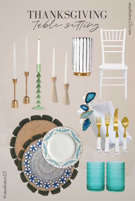 Daydreaming about this elegant Thanksgiving Day table. 💭

Featuring:
Candle Holders
Hobnail Drinking Glasses
Throw Glasses
Agate Napkin Ring
Gold Accent Vases
Acrylic Flatware Set
Linen Napkins
Placemats to layer
Turquoise Vintage China
