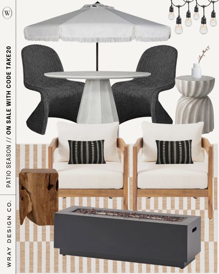 Outdoor furniture that is up to 60% off with code TAKE20.

Outdoor string lights. Outdoor dining table and chairs. Outdoor striped rug. Neutral outdoor umbrella. Black rectangle fire pit table. Wayfair finds. Memorial Day sales.  

#LTKHome #LTKSeasonal #LTKSaleAlert