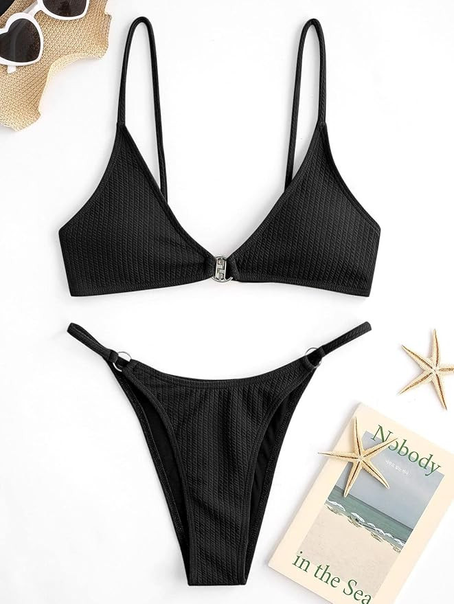 ZAFUL Women's O Ring Tankini Ribbed Colorblock Bikini Set Swimwear Sexy Brazilian Thong Swimsuits | Amazon (US)