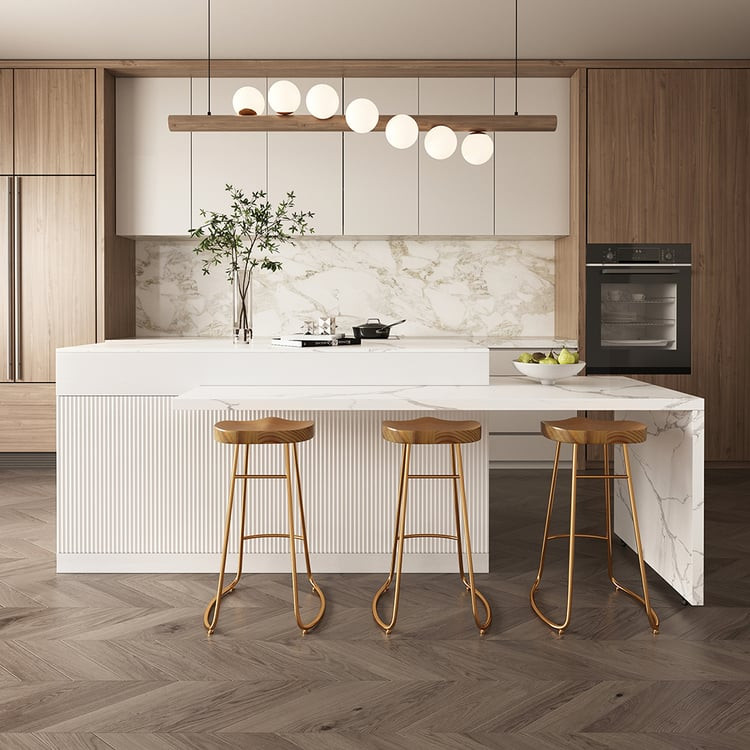 81''-106" Extendable Kitchen lsland with Doors&Drawers  White Marble Pattern Top | Homary