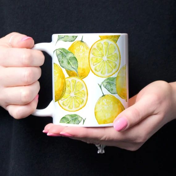 Lemon Gift, Lemon Mug, Lemon Coffee Cup, Watercolor Seamless Background Of Lemons Coffee Mug, Veg... | Etsy (US)