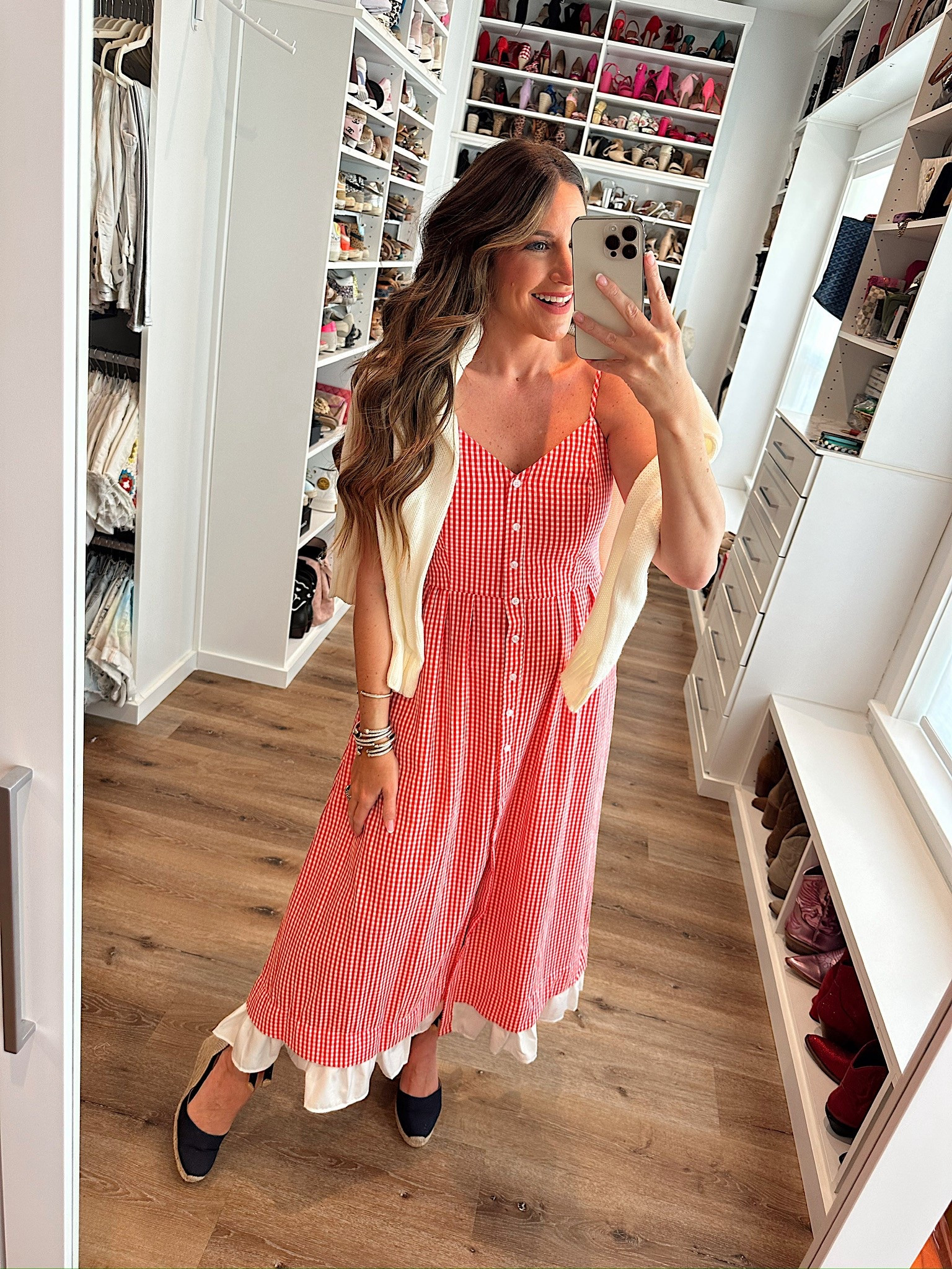 In a medium plaid button up maxi, large American flag sweater, tie up espadrille wedges and accessories for patriotic look- fits tts.

#LTKSeasonal #LTKFindsUnder50 #LTKStyleTip