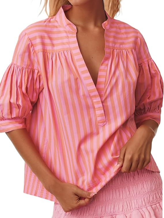 Womens Short Puff Sleeve Striped Blouses Top V Neck Loose Fit Casual Summer Work Blouses Striped ... | Amazon (US)