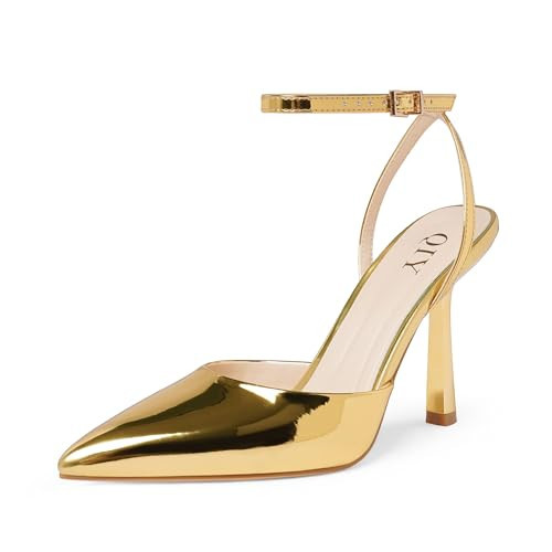 QIY Gold Shoes for Women Dressy Slingback Heels Metallic Gold Pumps Pointy Pointed Toe Heels Heeled Sandals Closed Toe Heel Stiletto High Heel Dress Wedding Bridal Shoes Size 8.5 | Amazon (US)