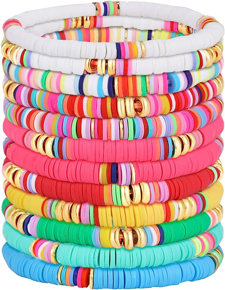 12 Pieces Preppy Bracelets Surfer Heishi Bracelets Stackable Colorful Beaded Stretch Bracelets El... | Amazon (US)