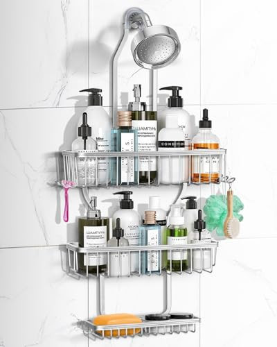 MSAICOE Shower Caddy Hanging - Never Rust Shower Hanging Organizer - Aluminum Over the ShowerHead Caddy with 6 Hooks for Razor/Sponge (Silver) | Amazon (US)