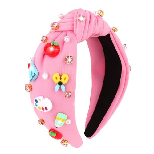 Brimekichio Teacher Headband Pink Knotted Back to School Headband Rhinestone Pearl Embellished Teacher Accessories for Women Gift | Amazon (US)