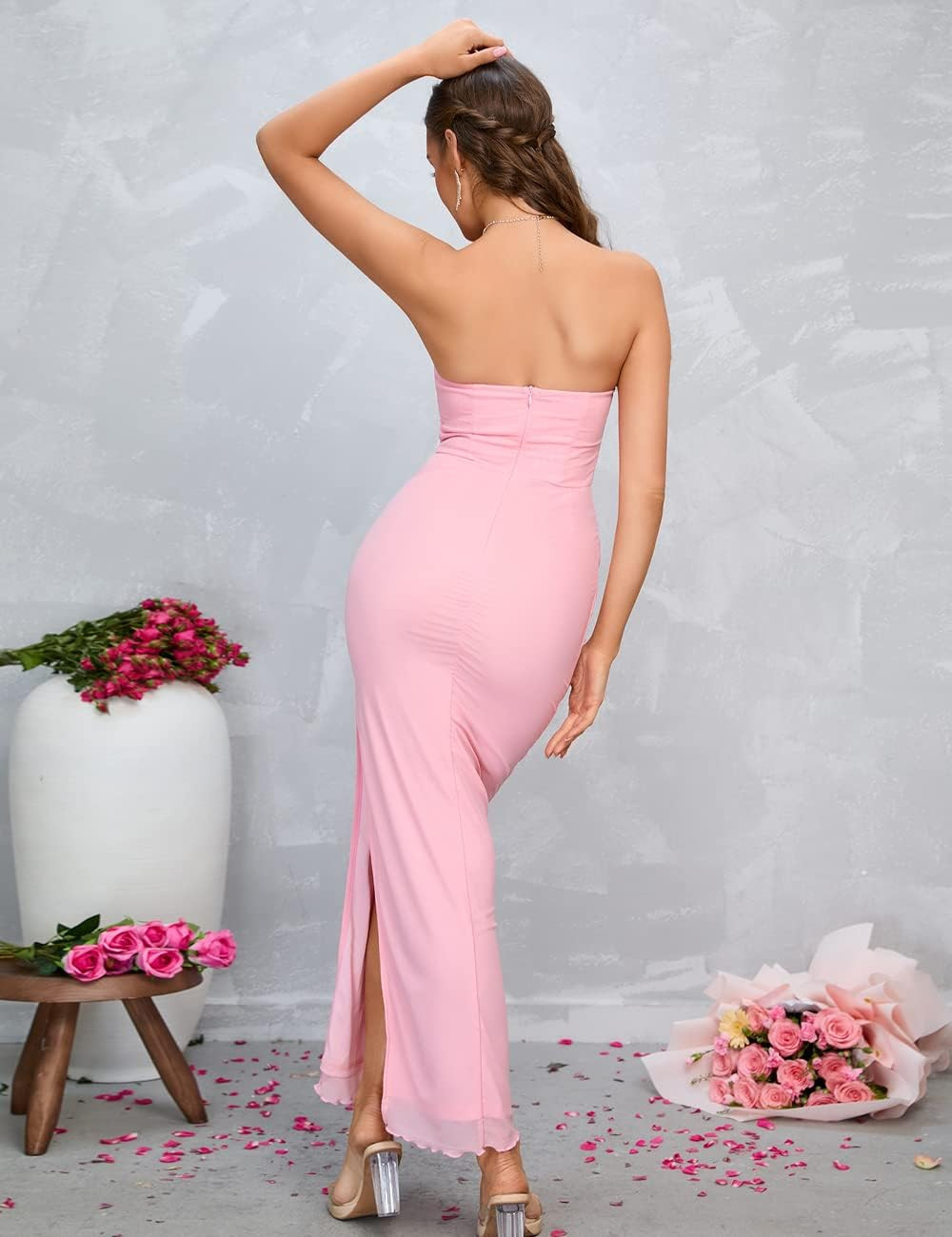 XinFSh Women's Strapless Bodycon Ruched Dresses Vintage Open Back Boned Corset Maxi Dress | Amazon (US)