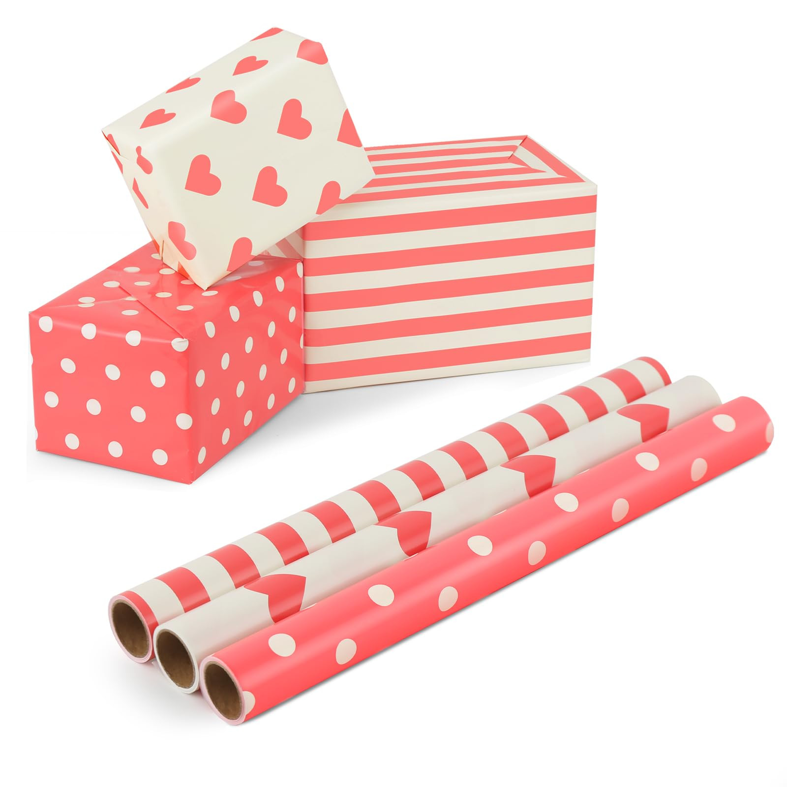 Chbgutlmr Gift Wrapping Paper Rolls 3 Pack,Birthday Wrapping Paper with Hearts Stripes Polka Dots... | Amazon (US)