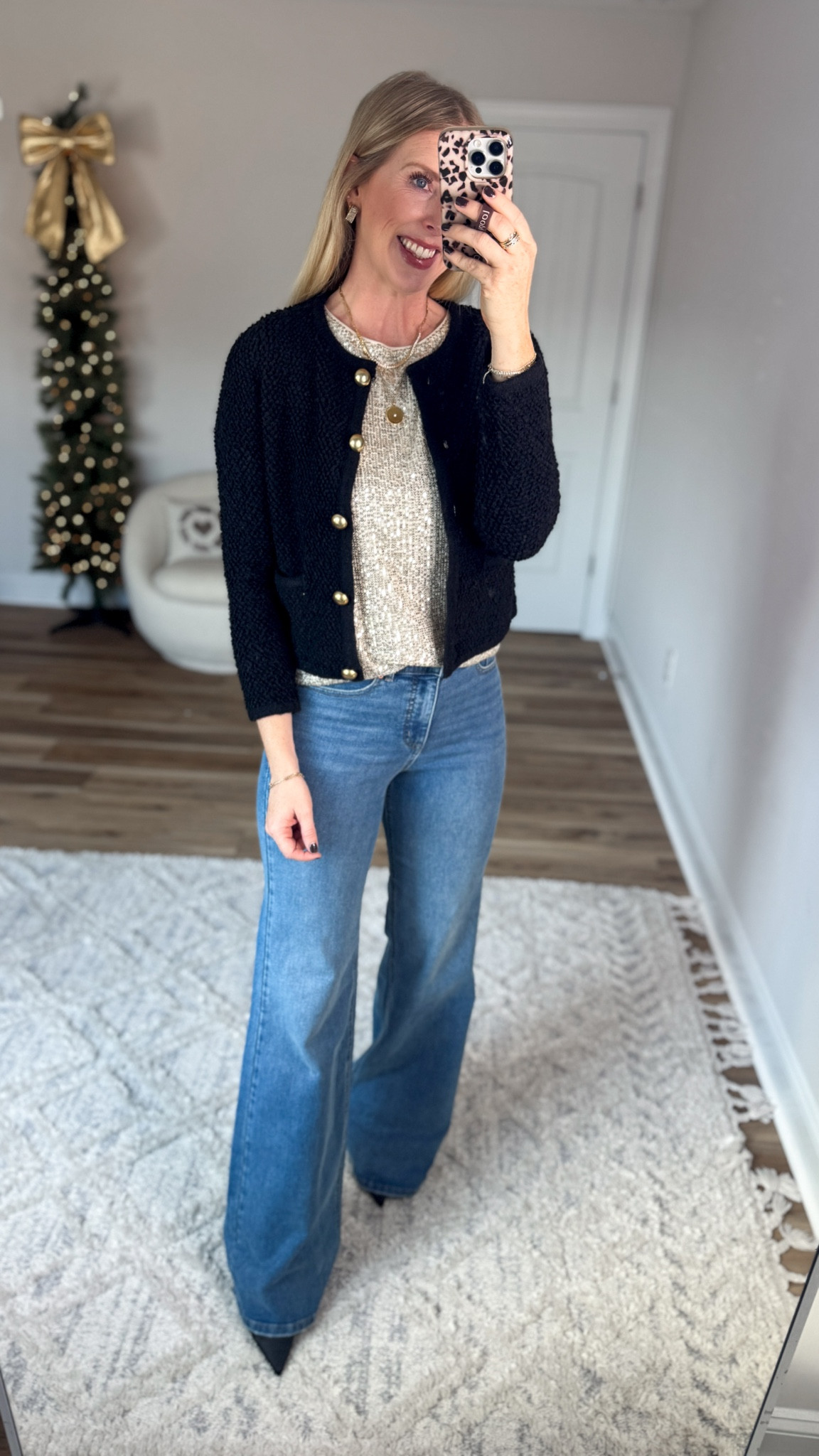 Walmart try on, flare jeans, black cardigan, maurices sequin tee

Small in both tops 

#LTKFindsUnder50 #LTKHoliday #LTKSaleAlert