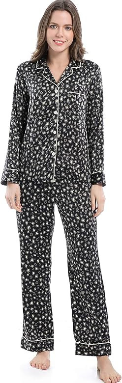 Women's Silky Satin Pajamas, Button Up Long Sleeve PJ Set Sleepwear Loungewear | Amazon (US)