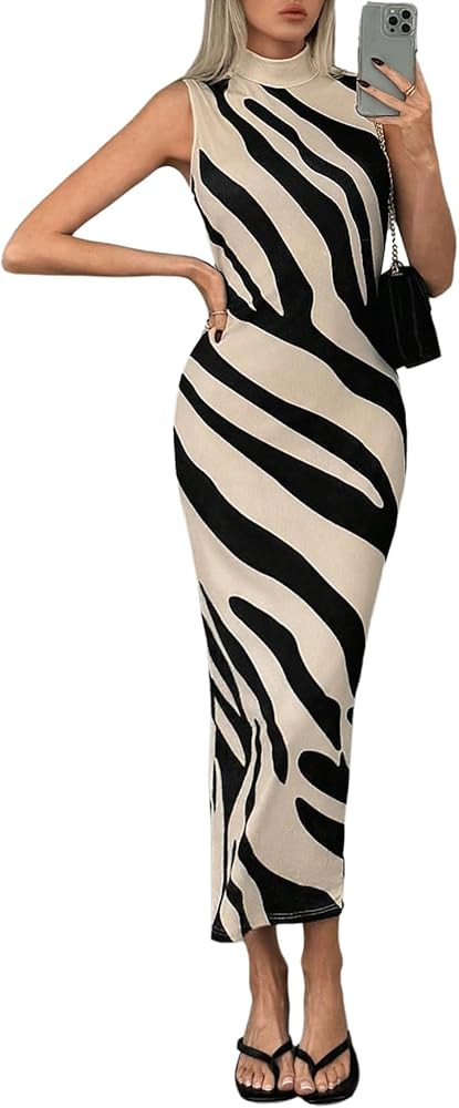 Floerns Women's Zebra Striped Bodycon Midi Dresses Mock Neck Sleeveless Ribbed Tank Dress | Amazon (US)