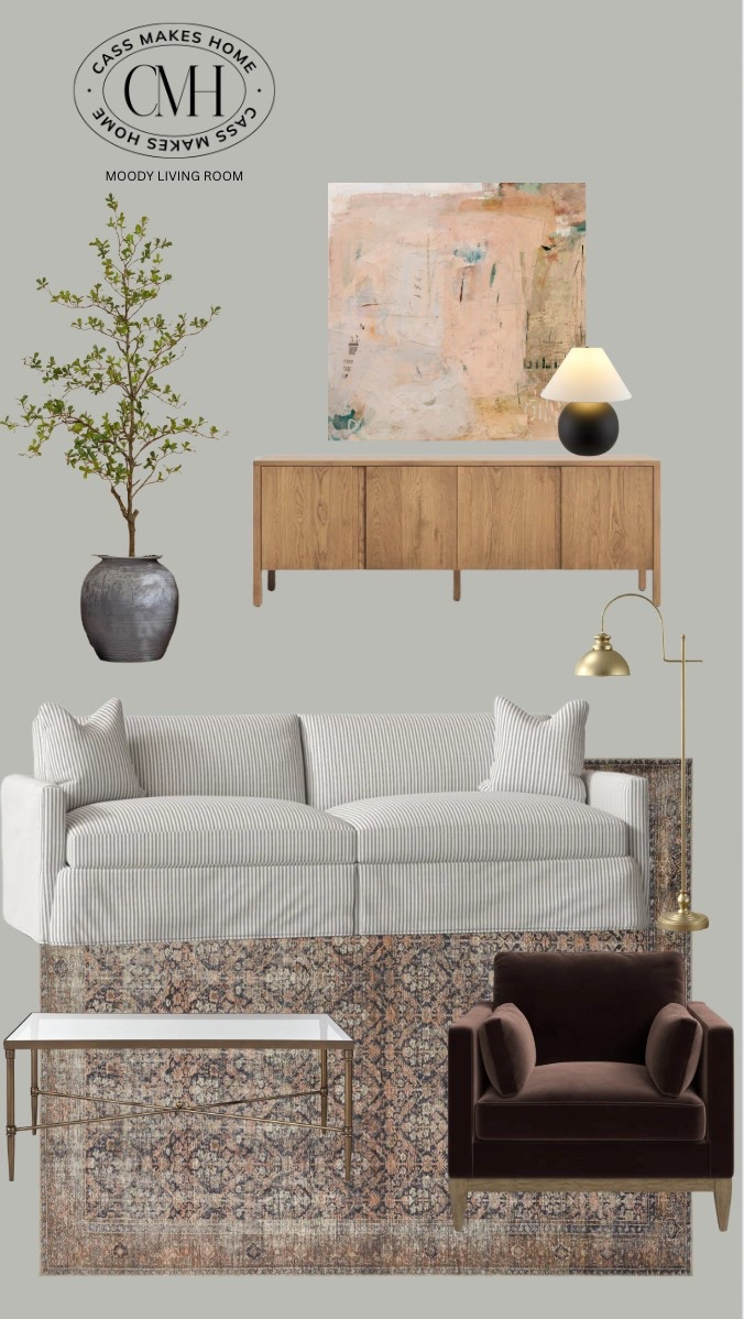 A moody living room mood board for this week!

I love the Billie Oriental rug paired with this velvet arm chair. The colors and textures together are just perfect! I always love a slip covered sofa. One of these makes it easy to clean and also change out the style..and I’m loving all things striped right now. I also always try and mix styles together - feminine/masculine, traditional/modern..you know what I mean? I feel like this console adds the perfect modern element to this space.

#LTKStyleTip #LTKHome #LTKFamily