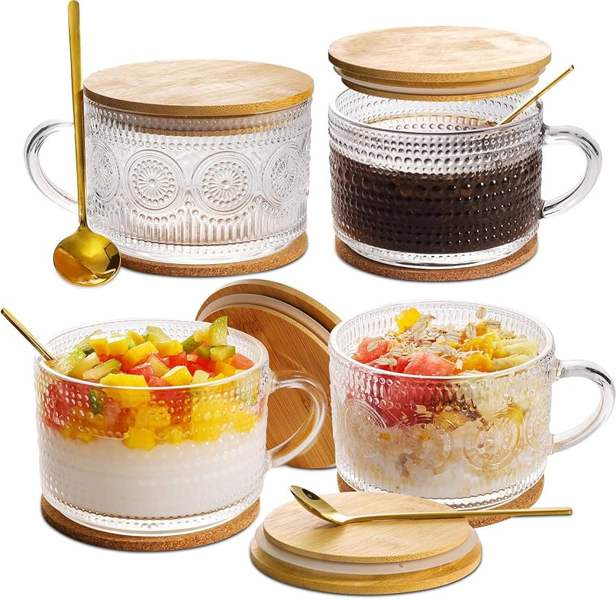 Vintage Coffee Mugs Glassware Set of 4-14oz Leak Proof Overnight Oats Containers with Lids and Sp... | Amazon (US)