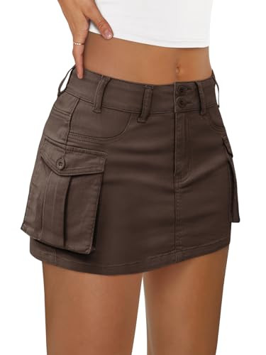LILLUSORY Women Mini Cargo Skirt y2k Clothes Denim Jean Sexy Skort Cute Low Waist Dress Brown M | Amazon (US)