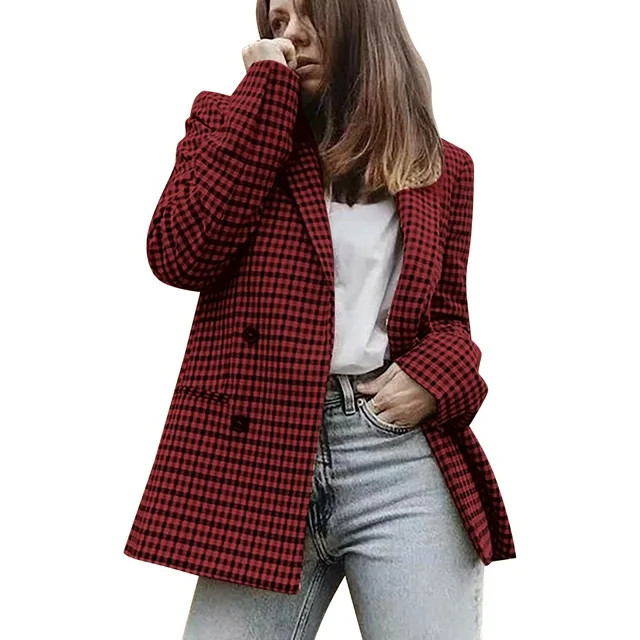 Bomber Jacket Women Autumn And Winter Double Breasted Lapel Long Sleeved Plaid Suit Jackets | Walmart (US)