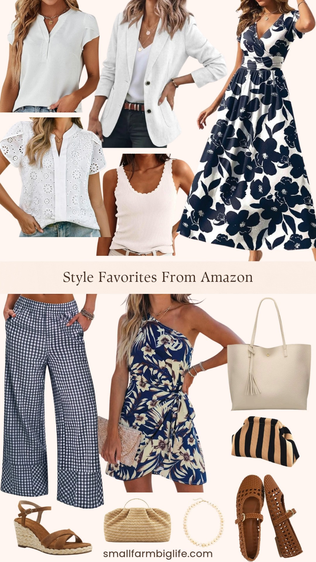 Navy and white is such a classic summer color combination and this Amazon round up has so many pretty ways to wear it. The navy and white gingham wide leg pants are such a fun statement piece and the bold floral maxi dress and one shoulder mini dress in navy florals are two of my favorite easy summer dresses in this round up. The white linen blazer is the kind of layering piece that instantly elevates any casual outfit, and the white eyelet cap sleeve top and scallop edge tank are the kind of pretty basics you will reach for all summer long. The brown suede espadrille wedge sandals with raffia detail are so good and the woven flats are a great flat option for the same boho coastal vibe. Finish with the striped clutch or natural straw clutch and the chunky acrylic beaded necklace and you have a complete summer look for so much less than you would expect. Tap to shop! 

 #LTKgrwm #LTKootd #LTKOver40