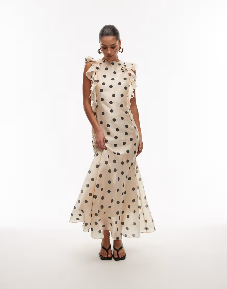 & Other Stories maxi dress with ruffle edging and low back in spot print-Multi | ASOS (Global)