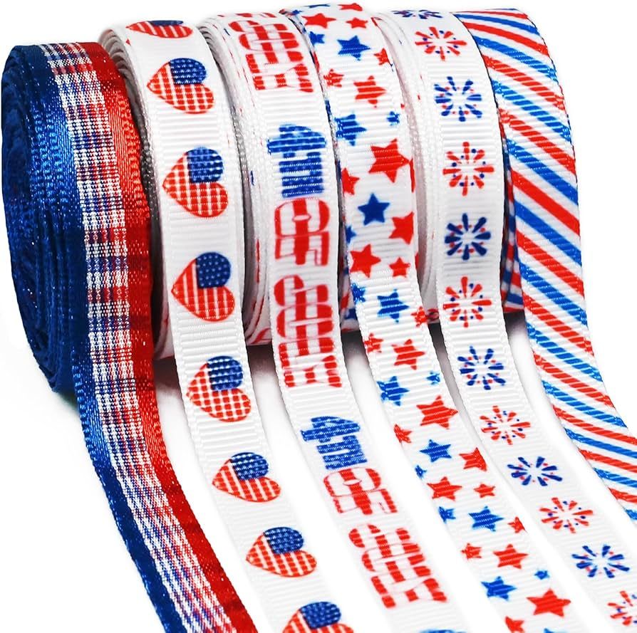 6 Rolls Patriotic Grosgrain Ribbon,3/8 Inch,Total 30 Yards,Red Blue White Star and Stripe Gingham... | Amazon (US)
