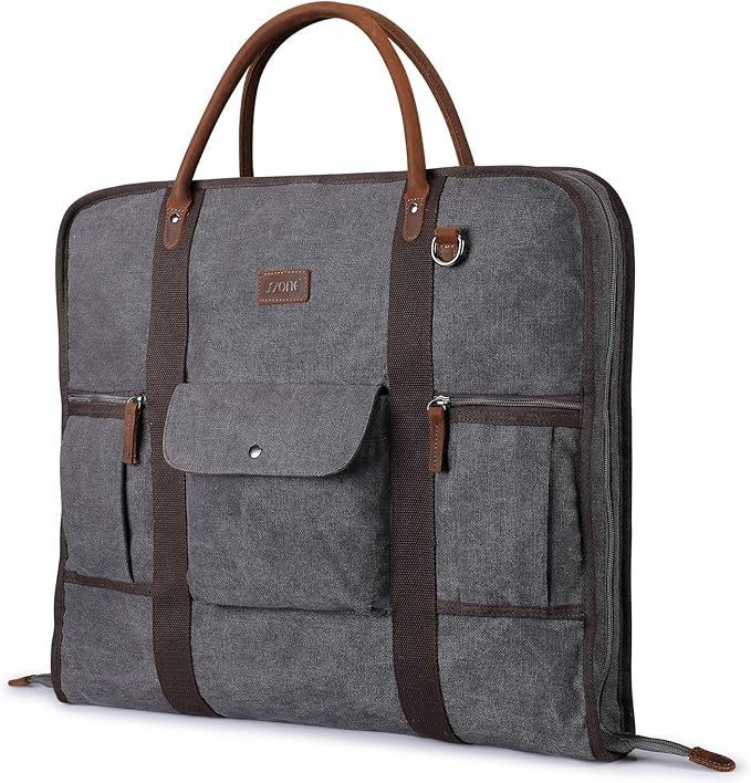Carry On Garment Bag for Business Travel S-ZONE Canvas Leather Men Suit Cover | Amazon (US)