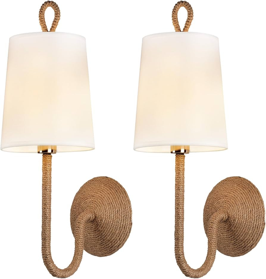 Natural Rattan Wall Sconce Set of 2: Boho Coastal Rope Woven Lamps with Linen Fabric Shades for L... | Amazon (US)