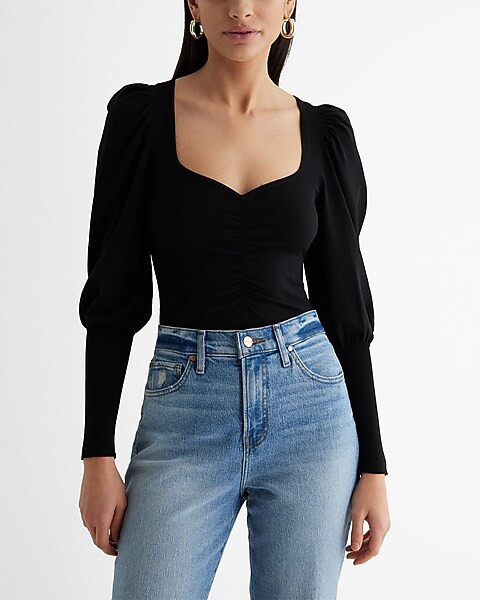 Sweetheart Neckline Puff Sleeve Sweater | Express