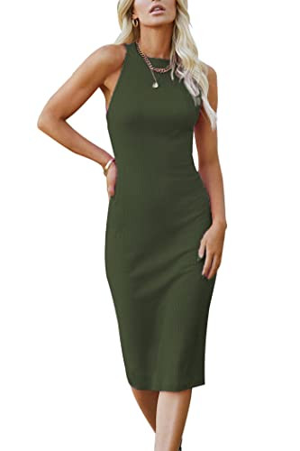 PRETTYGARDEN Women Bodycon Midi Dress 2025 Summer Spring Casual Vacation Sundress Fitted Sleeveless Tank Dresses (Army Green,Small) | Amazon (US)
