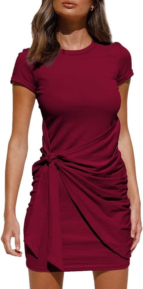 LILLUSORY Women's Summer T Shirt Dress Casual Short Sleeve Wrap Bodycon Ruched Tie Waist Mini Dresse | Amazon (US)