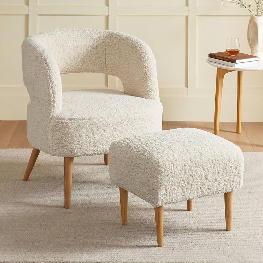 Accent Chair with Ottoman Teddy Fleece Upholstered Armchair Mid-Century Modern Comfortable Chairs... | Amazon (US)
