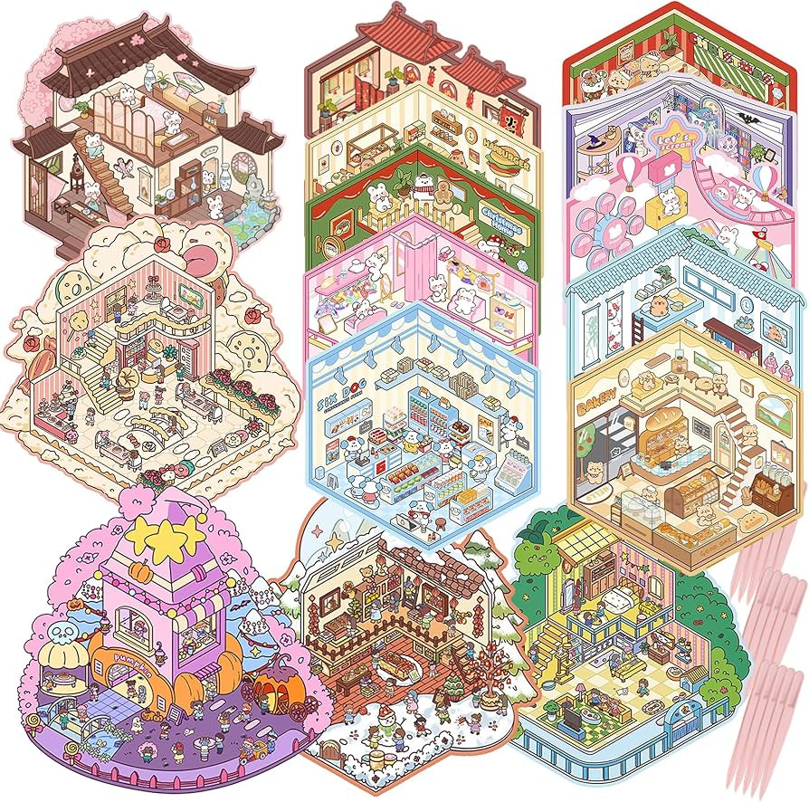15 Sets DIY 3D House Stickers, Miniature Scene Stickers with Greeting Cards, Cute and Funny Carto... | Amazon (US)