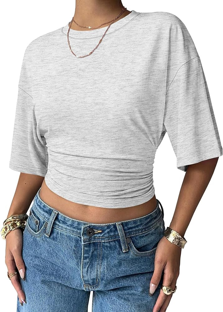 Sampeel Crop Summer Tops 2026 Trendy Batwing Short Sleeve Ruched Waist Slim Fitted Basic Tees Goi... | Amazon (US)