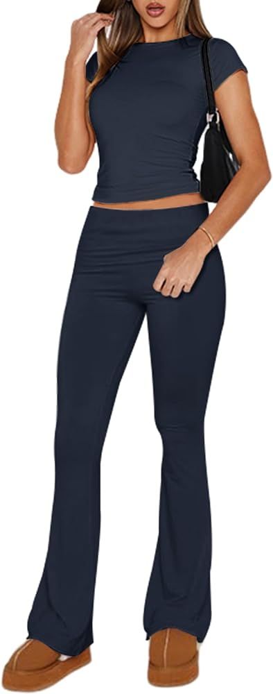 Ivicoer Stylish Women's 2 Piece Outfits Soft Short Sleeve Crop Tops and Fold over Yoga Pants Y2k ... | Amazon (US)