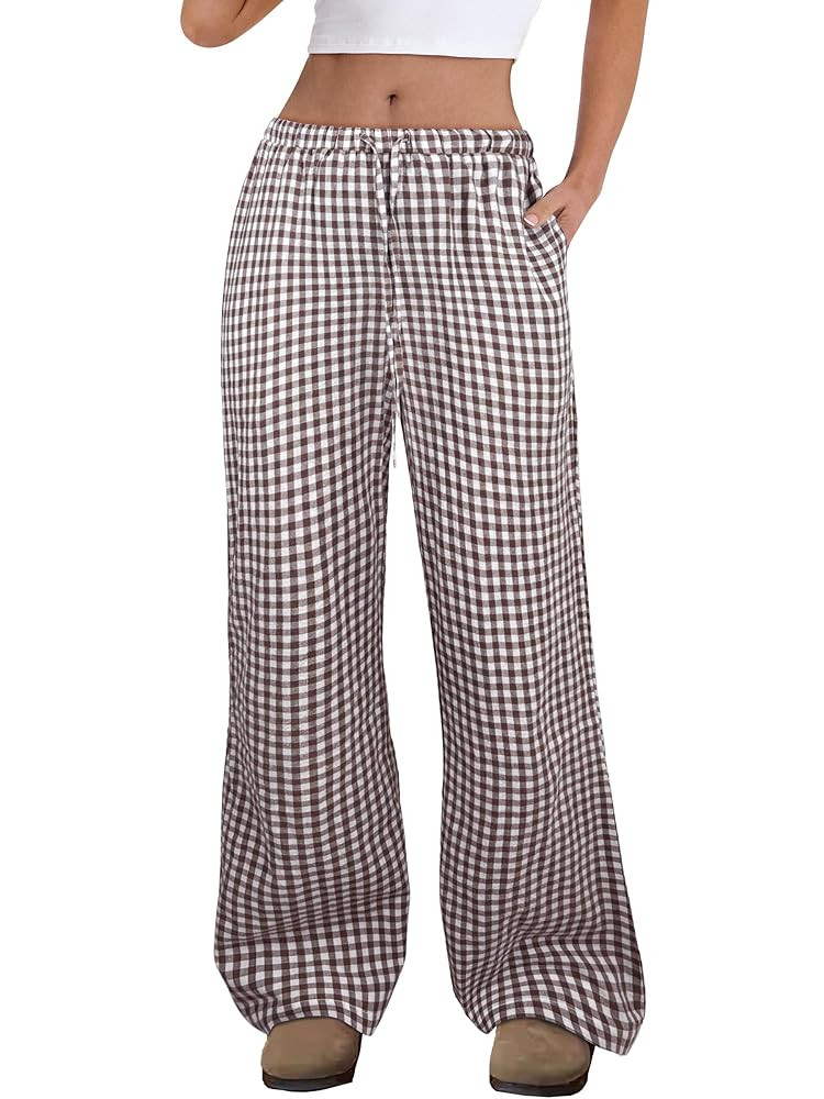 ANRABESS Women's Striped Gingham Pants 2025 Fall Pajama Lounge Boxer Pants Casual Wide Leg Drawst... | Amazon (US)