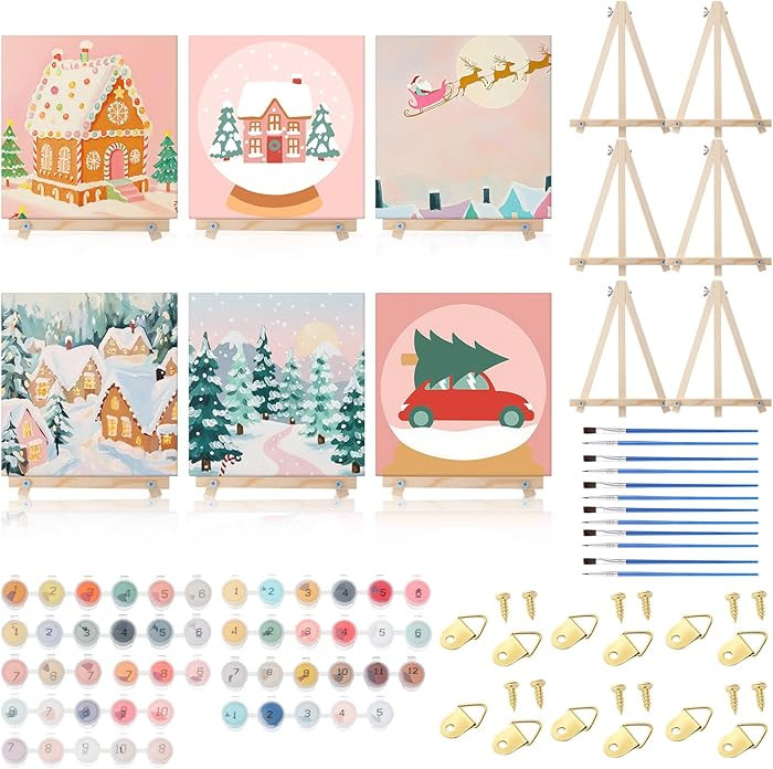 YooNotee 6 Pack Christmas Paint by Numbers Kit 8 x 8 Inch Pink Themed DIY Canvas with Wooden Disp... | Amazon (US)