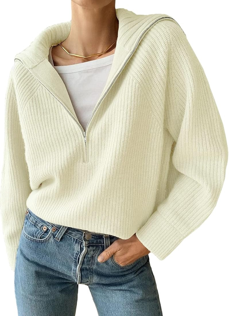 BTFBM Women’s Casual Long Sleeve Half Zip Pullover Sweaters Solid V Neck Collar Ribbed Knitted Loose | Amazon (US)