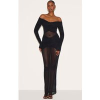 Black Bandage Mesh Bardot Layered Ruched Maxi Dress | PrettyLittleThing US