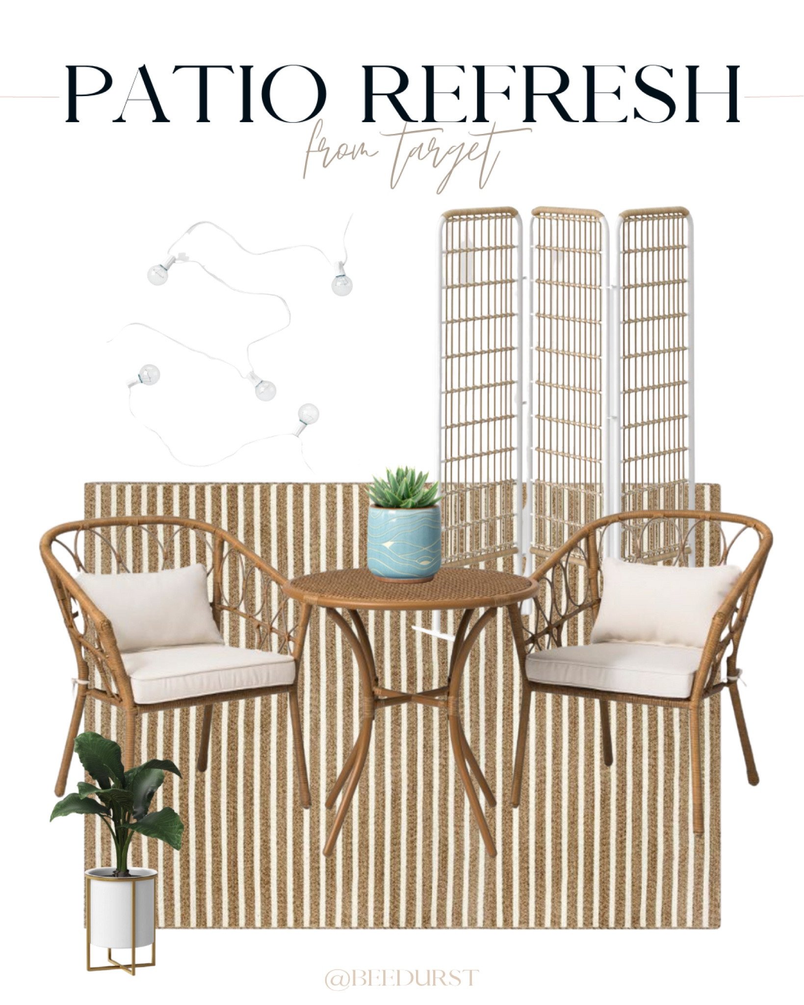 Patio refresh idea from Target! Cute patio furniture, Target patio furniture, Target outdoor rug, cute outdoor rug, patio set, bistro set, patio screen, patio lights, outdoor furniture, boho patio furniture, patio inspiration 

#LTKhome #LTKstyletip #LTKSeasonal