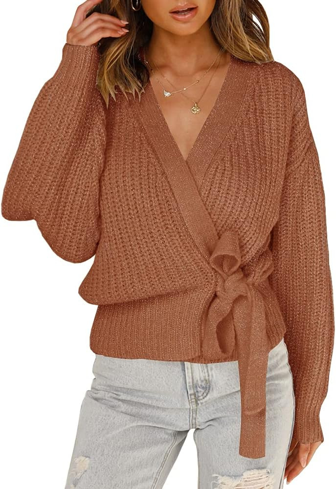 Foshow Womens Wrap Long Batwing Sleeve Sweaters Tops V Neck Belted Waist Tie Front Pullover Sweat... | Amazon (US)